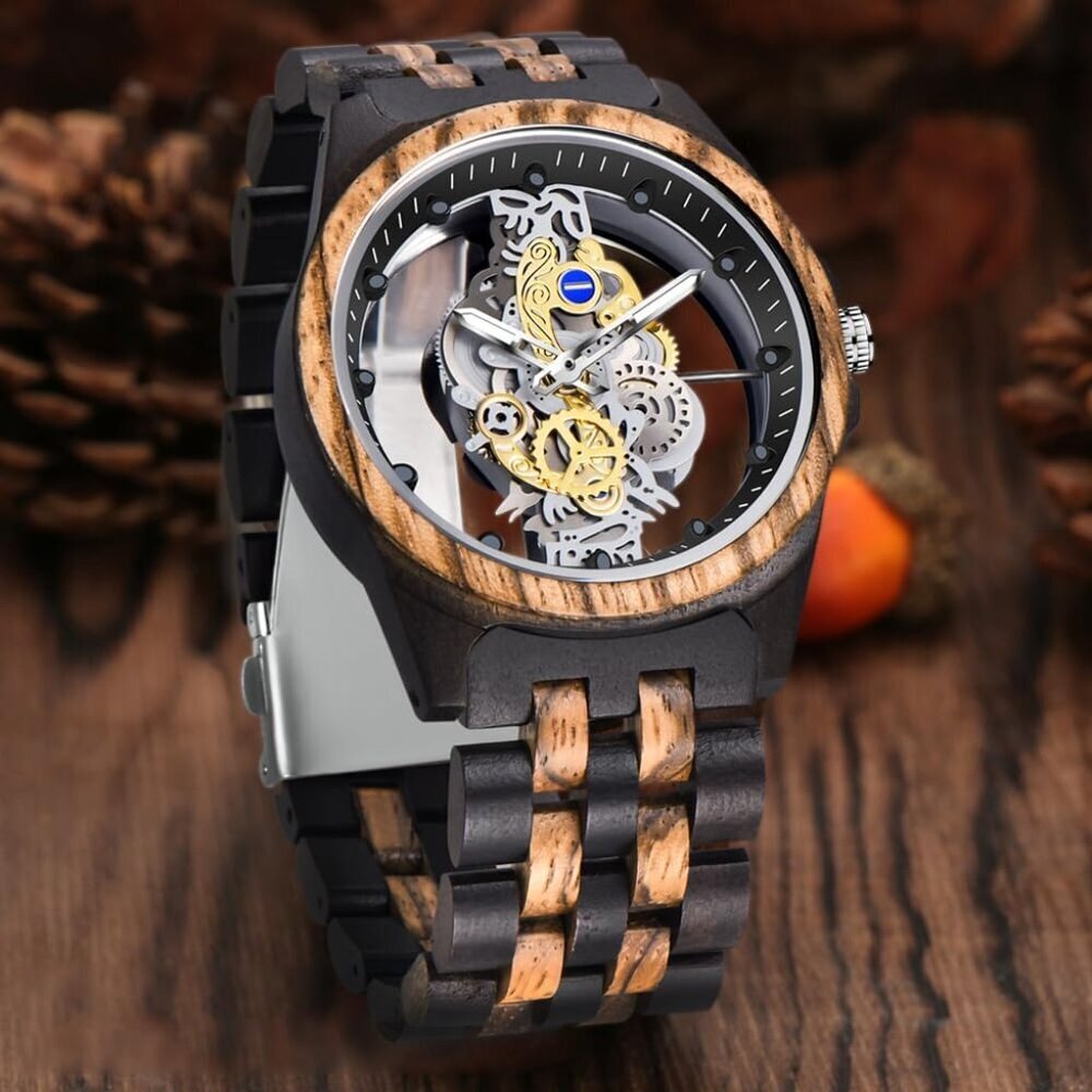 Men's Black Brown Lightweight Wooden Analog Quartz Deployment Closure Watches - Picture 2 of 8